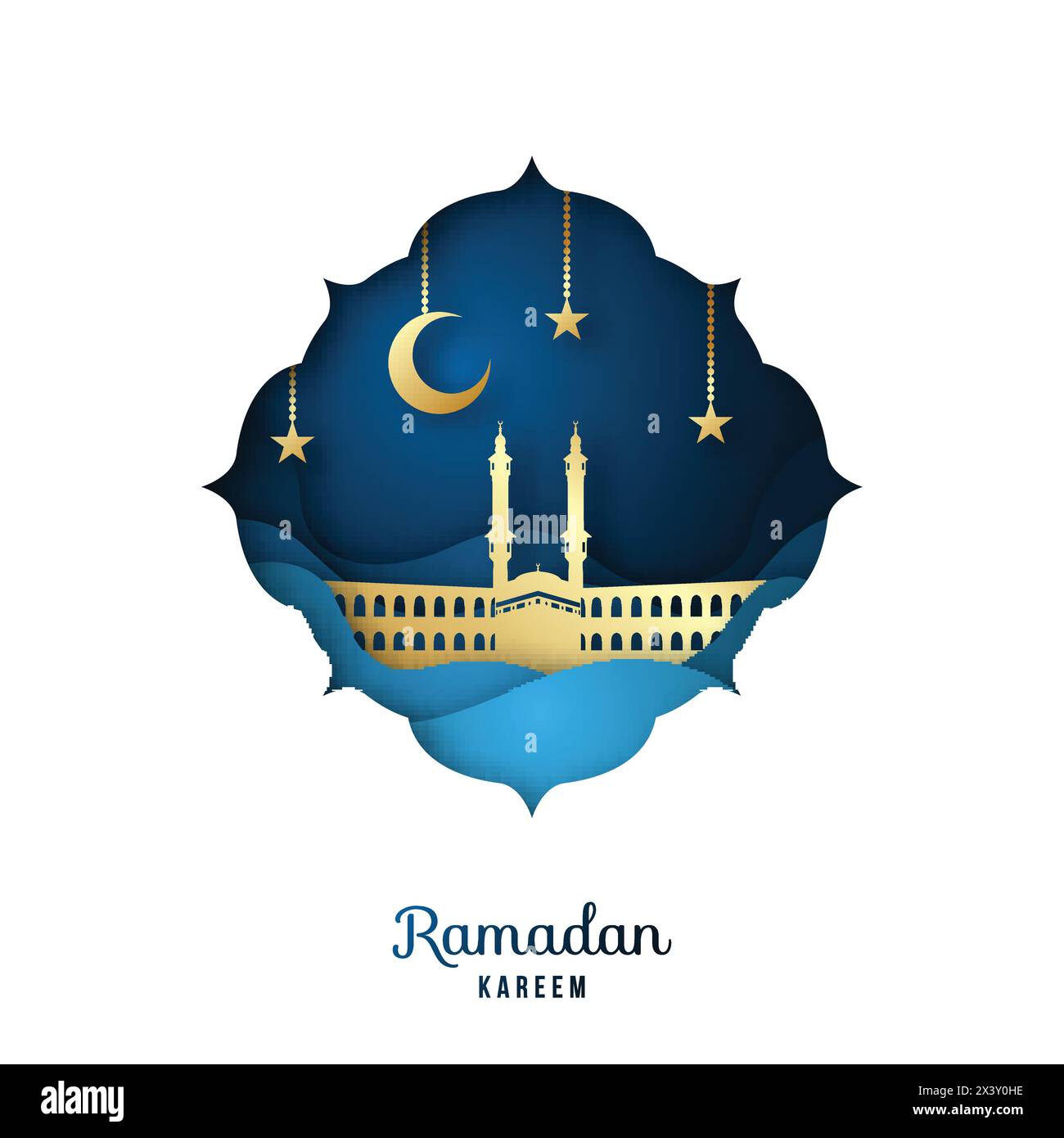 Carte de voeux Ramadan Kareem avec mosquée dorée, croissant de lune et étoiles. Papier coupé paysage. Célébration de la fête islamique. Illustration vectorielle. Illustration de Vecteur