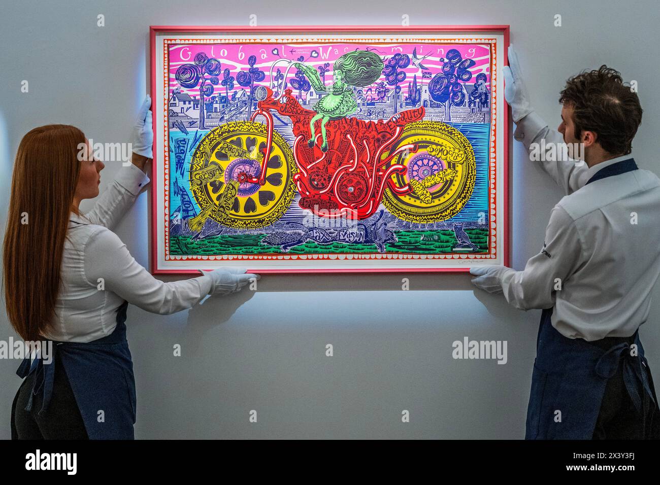 Londres, Royaume-Uni. 29 avril 2024. Grayson Perry, Selfie with Political causes, 2018 - Un aperçu de "Art for AT THE BUS", qui propose de l'art scolaire comme thérapie sur un bus à impériale pour soutenir le bien-être des jeunes. La vente comprend plus de 30 œuvres et sera exposée à la galerie Sotheby's New Bond Street du 29 avril au 7 mai 2024. Les œuvres seront vendues via une vente aux enchères en ligne, propulsée par Artsy, du 29 avril au 10 mai 2024 à 17 heures, les profits allant à AT the Bus. Crédit : Guy Bell/Alamy Live News Banque D'Images