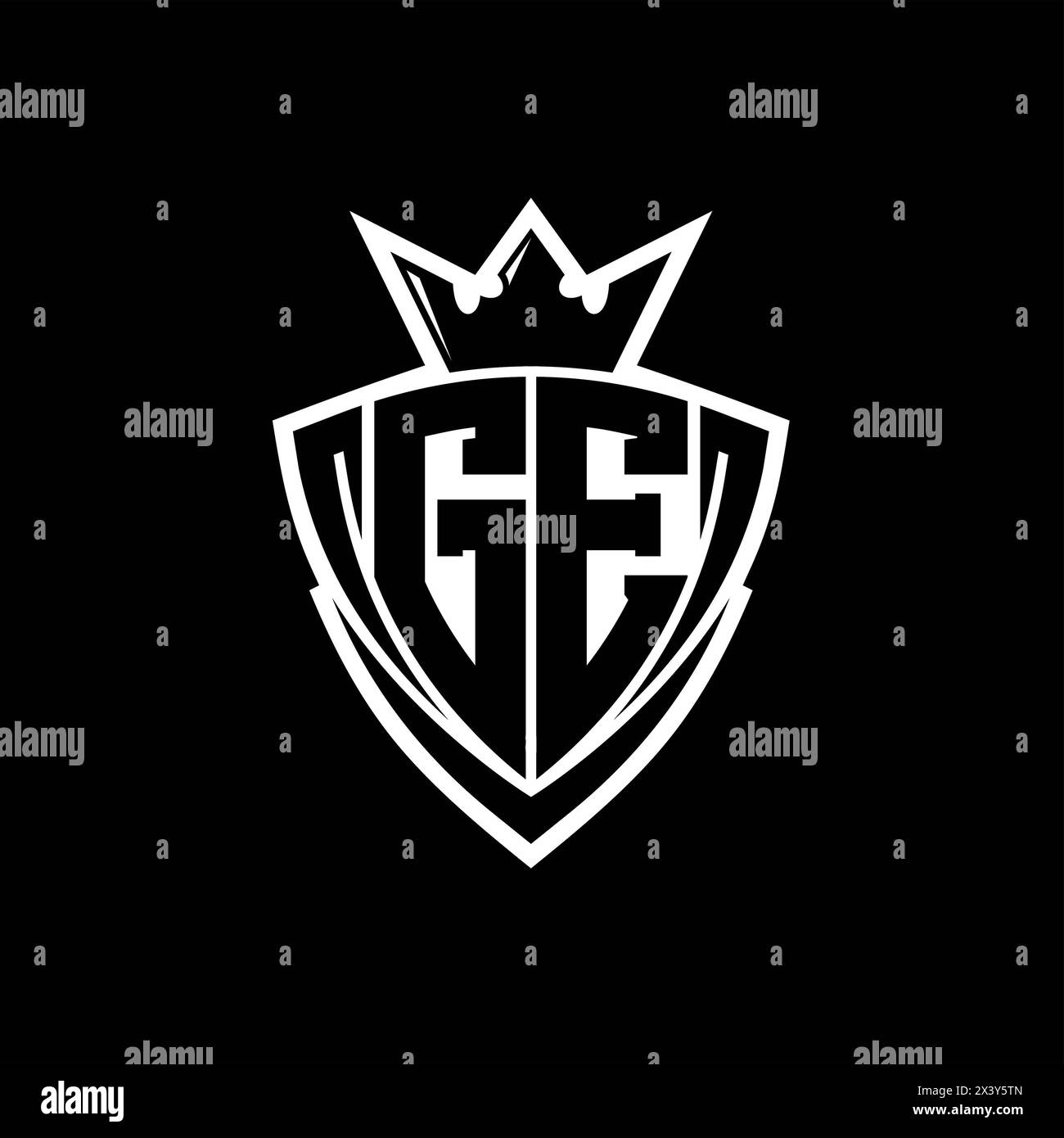 Logo GE Bold Letter avec forme de bouclier triangulaire pointu avec couronne à l'intérieur d'un contour blanc sur fond noir modèle de conception Banque D'Images