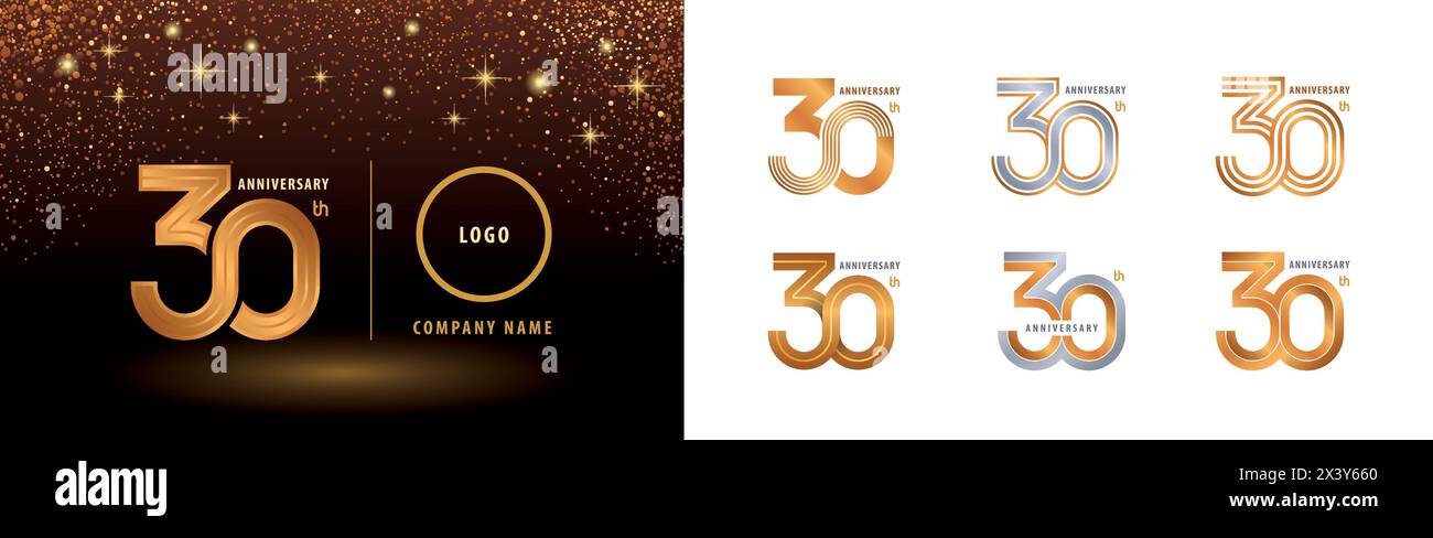 Ensemble de conception de logotype du 30e anniversaire, célébration d'anniversaire de trente ans. 30 ans célébrant l'anniversaire logo argent et doré pour la célébration Illustration de Vecteur