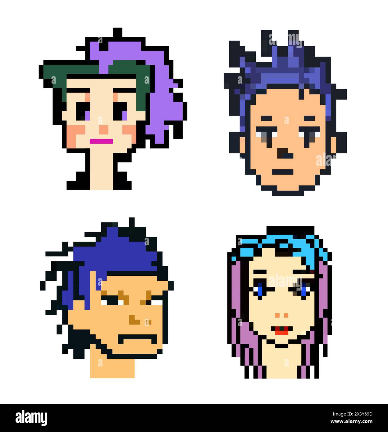Têtes punk pixel set de vecteurs de personnes avec des cheveux colorés différents, divers styles d'art, graphiques 8 bits, icônes dans le pictogramme des hommes et des gens amusants fema Illustration de Vecteur