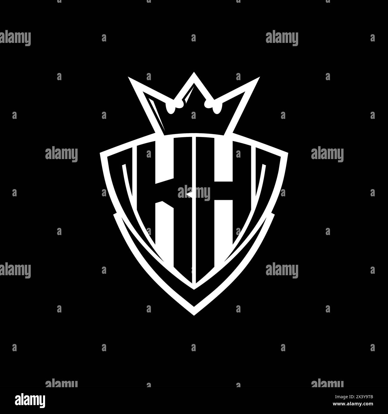 KH logo de lettre gras avec forme de bouclier de triangle pointu avec couronne à l'intérieur du contour blanc sur fond noir modèle conception Banque D'Images