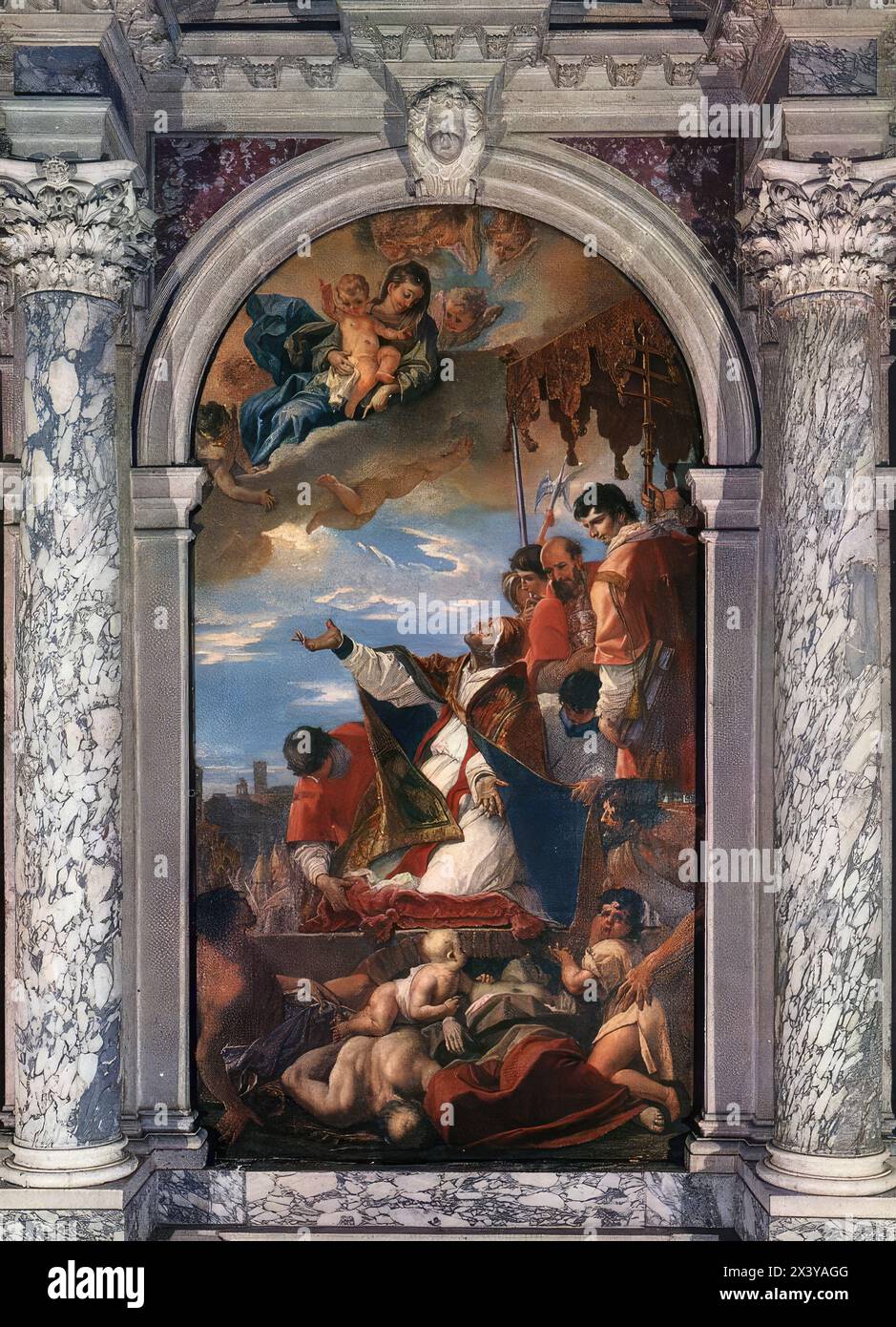 RICCI, Sebastiano (né en 1659, Belluno, décédé en 1734, Venise) autel de Saint Grégoire le Grand - huile sur toile Basilica di S. Giustina, Padoue Ricci était une personnalité exubérante, de renommée internationale et un archétypal peintre itinérant. Après une formation en Vénétie, Ricci a passé quelque temps en Emilie (Bologne, Parme et Piacenza). Cela s'est avéré crucial pour son développement car son style a été influencé par le classicisme local, approfondi lorsque Ricci a fait un voyage à Rome, où les fresques d'Annibale Carraci dans le Palazzo Farnese l'ont profondément ému. Après un bref voyage à Vienne, Ricci est retourné à Venise en 1708, où Banque D'Images