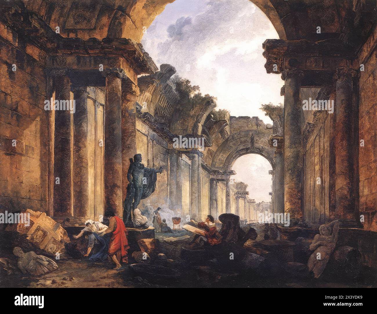 ROBERT, Hubert (né en 1733 à Paris, mort en 1808 à Paris) vue imaginaire de la Grande Galerie du Louvre en ruines 1796 huile sur toile, 114,5 x 146 cm Musée du Louvre, la peinture française de Paris dans la seconde moitié du XVIIIe siècle montre le chevauchement ou le mélange des idées picturales pré-romantiques et néoclassiques, et nulle part cela n'est plus clair que dans l'œuvre du «peintre des ruines», Hubert Robert. Il a obtenu ses idées d'Italie, où il a admiré les peintures de ruines de Giovanni Paolo Pannini, et a assisté aux premières fouilles à Pompéi. Banque D'Images