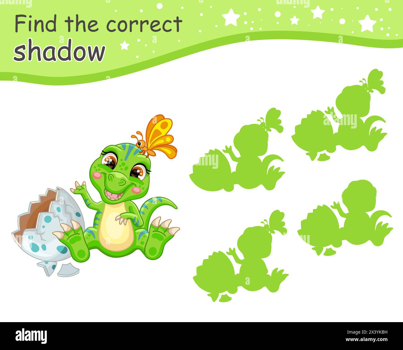 Trouvez l'ombre correcte. Mignon dessin animé bébé Tyrannosaurus rex dinosaure. Jeu d'appariement éducatif pour les enfants avec personnage de dessin animé. Activité, jeu de logique Illustration de Vecteur