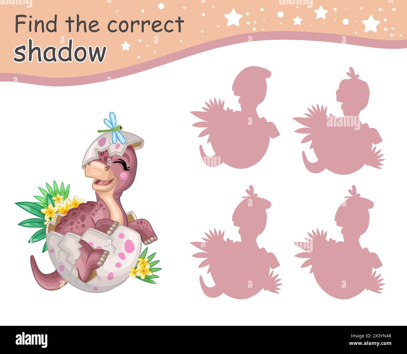 Trouvez l'ombre correcte. Mignon dessin animé bébé brontosaurus dinosaure. Jeu d'appariement éducatif pour les enfants avec personnage de dessin animé. Activité, jeu de logique, lea Illustration de Vecteur
