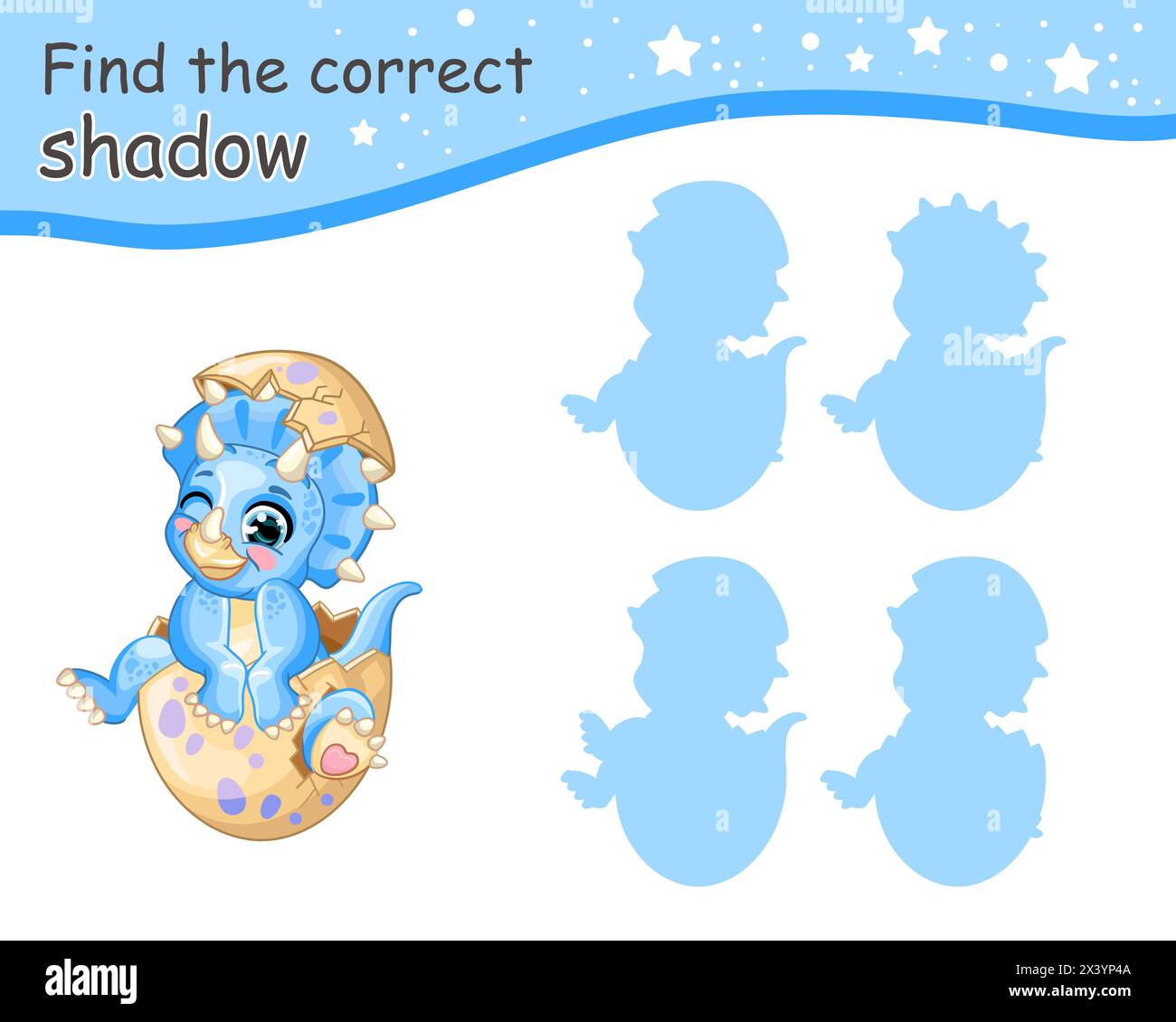 Trouvez l'ombre correcte. Mignon dessin animé bleu triceratops bébé dinosaure. Jeu d'appariement éducatif pour les enfants avec personnage de dessin animé. Activité, jeu de logique, Illustration de Vecteur