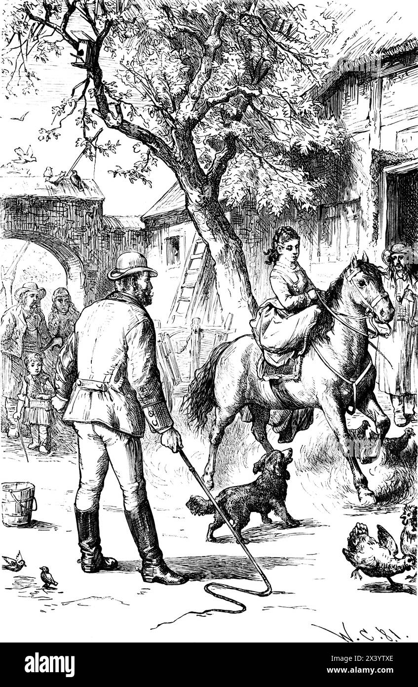 Leçons d'équitation, jeune femme prenant des leçons à l'extérieur dans une cour, illustration historique 1880 Banque D'Images