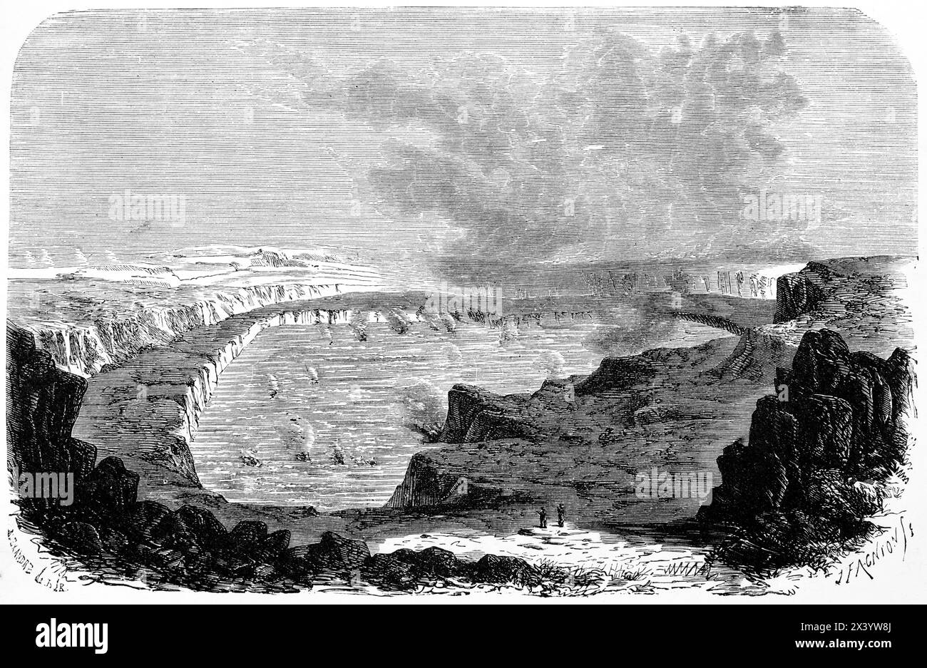 Lac de cratère hawaïen Kīlauea, éruption en cours, Océan Pacifique Nord, Hawaï, illustration historique 1880 Banque D'Images