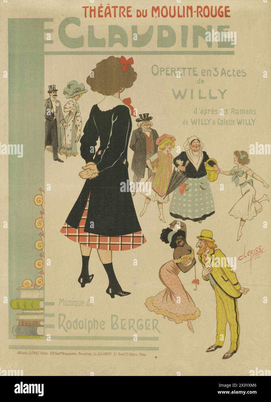 Affiche française vintage : Claudine. Opérette en 3 actes. Théâtre de Moulin-Rouge. Par Clérice Frères, 1910 Banque D'Images