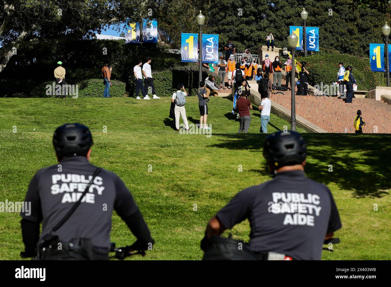 (240429) -- LOS ANGELES, 29 avril 2024 (Xinhua) -- des aides à la sécurité publique sont vues sur le campus de l'Université de Californie, Los Angeles (UCLA), en Californie, aux États-Unis, avril 28, 2024. de la côte est à l'ouest, les manifestants étudiants américains qui manifestaient en solidarité avec les Palestiniens n'ont montré aucun signe de relâchement, plus de 270 personnes ayant été arrêtées au cours du week-end, malgré des avertissements de mesures disciplinaires et même des accusations pénales. Les manifestations pro-palestiniennes continuent de perturber les campus universitaires à travers les États-Unis, puisque près de 900 arrestations auraient été effectuées dans tout le pays depuis le New york po Banque D'Images