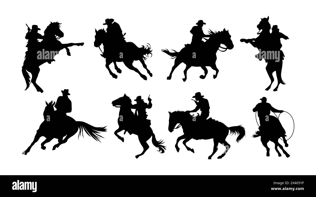 Ensemble vectoriel de silhouettes noires de cheval de cow-boy. Illustration de Vecteur