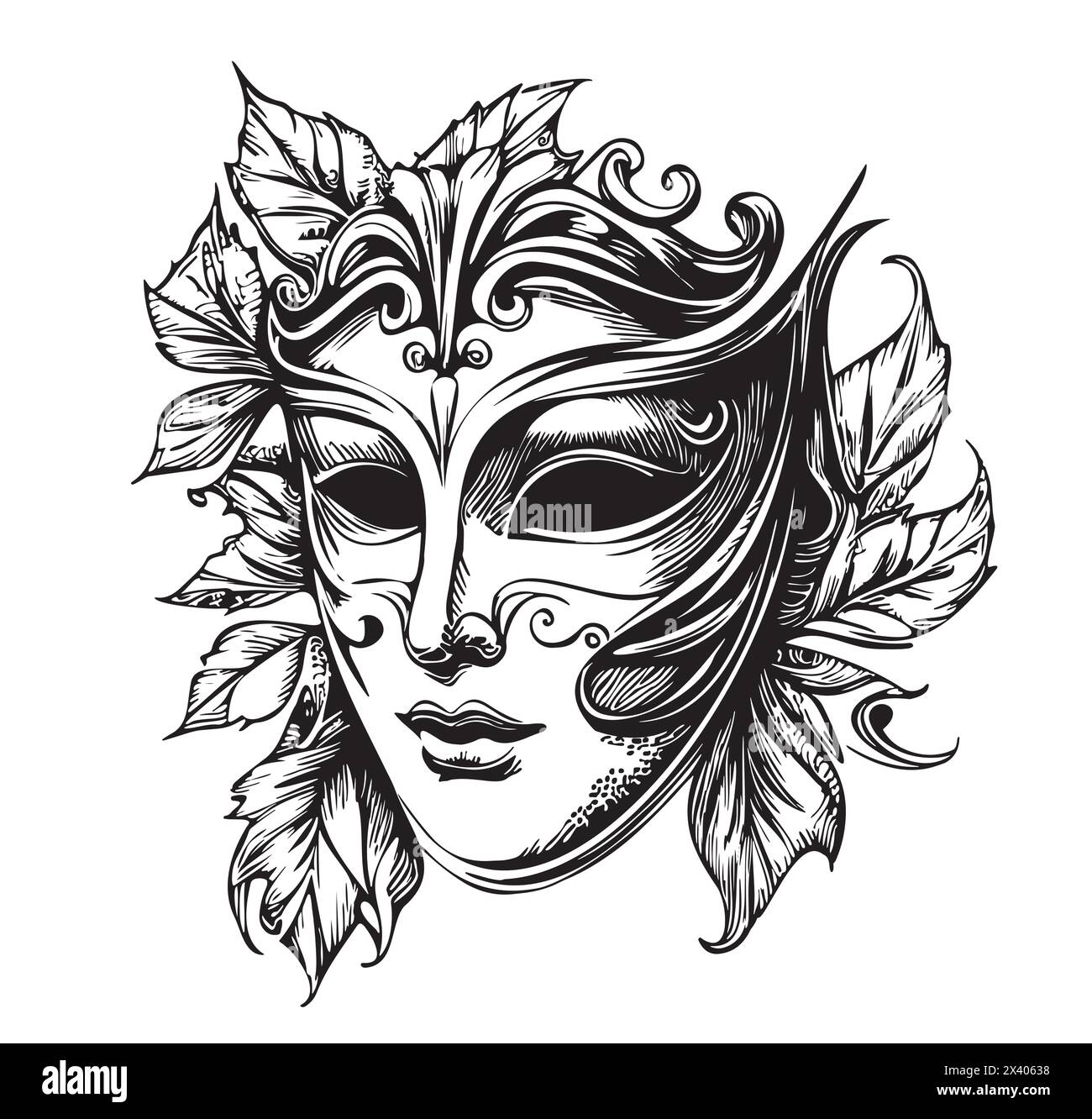 Masques de fête vintage en noir et blanc. Beau masque de carnaval vénitien dans le style art au trait. Masque de mascarade pour invitations festives, bannières, cartes de vœux, livres de coloriage. Mardi gras. Dessin d'esquisse Illustration de Vecteur