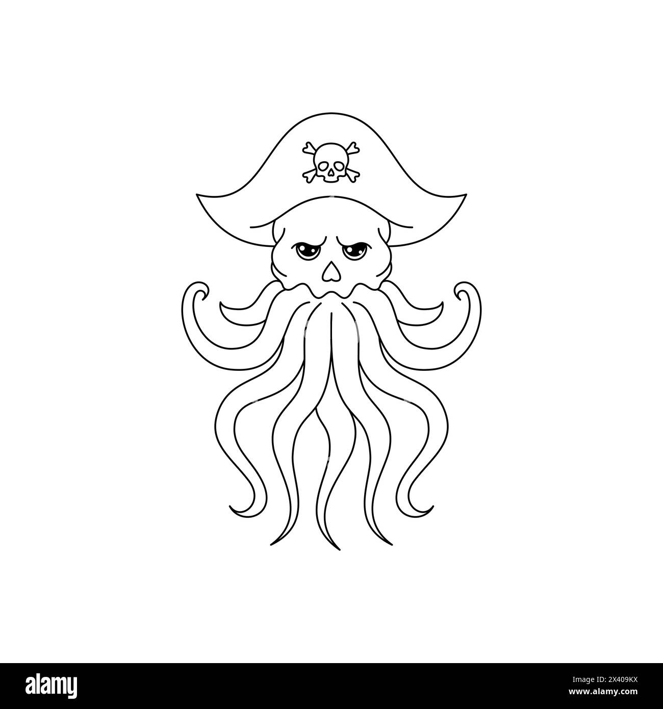Une pieuvre portant un chapeau de pirate. Icône de style de dessin au trait. Illustration de Vecteur