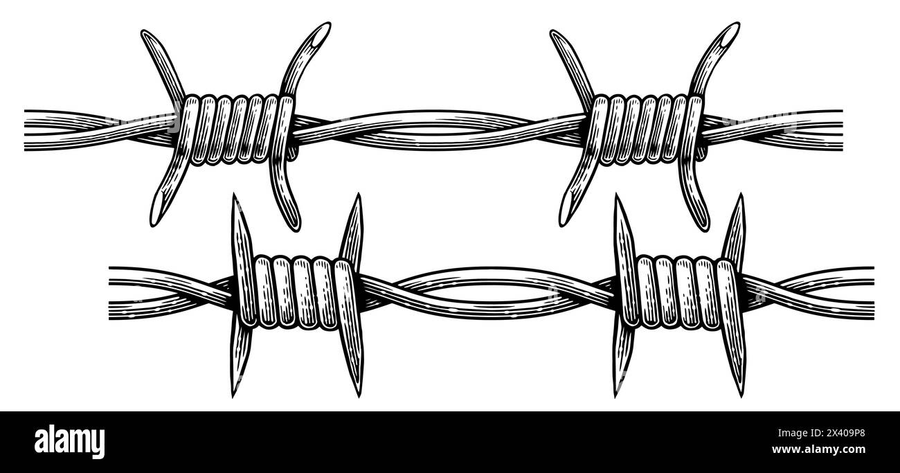 Croquis de fil barbelé dessiné à la main dans le style de gravure. Chaine de bordure en fil de fer barbe tranchant. Illustration vectorielle Illustration de Vecteur
