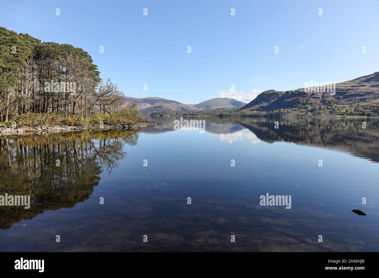 La vue sur Derwent Water vers Blencathra depuis Myrtle Bay, Lake District, Cumbria, Royaume-Uni Banque D'Images
