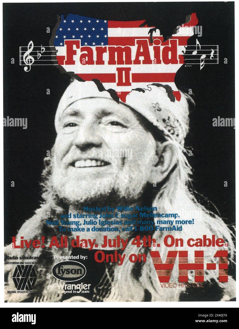 1986 annonce Farm Aid II avec Willie Nelson - Live on cable VH-1 Banque D'Images