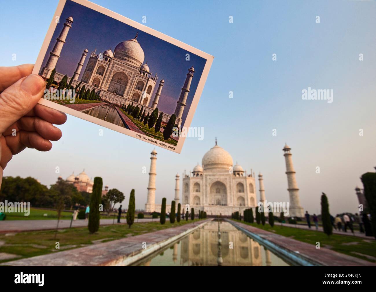 Main d'homme tenant une photo de carte postale du Taj Mahal avec le vrai Taj Mahal derrière ; Agra, Inde Banque D'Images