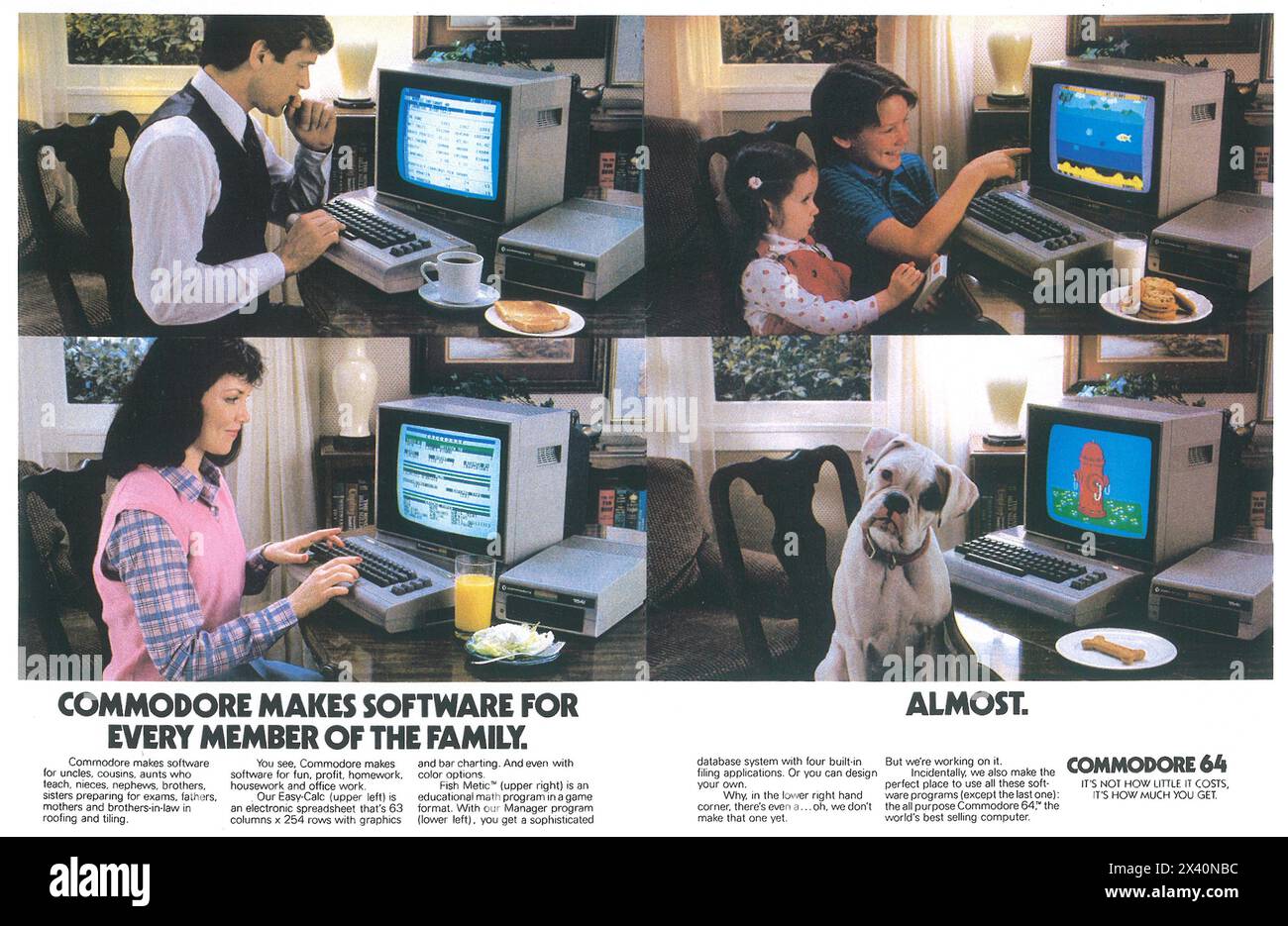 1984 Commodore 64 annonce pour ordinateur personnel - 'Commodore fabrique des logiciels pour chaque membre de la famille' Banque D'Images