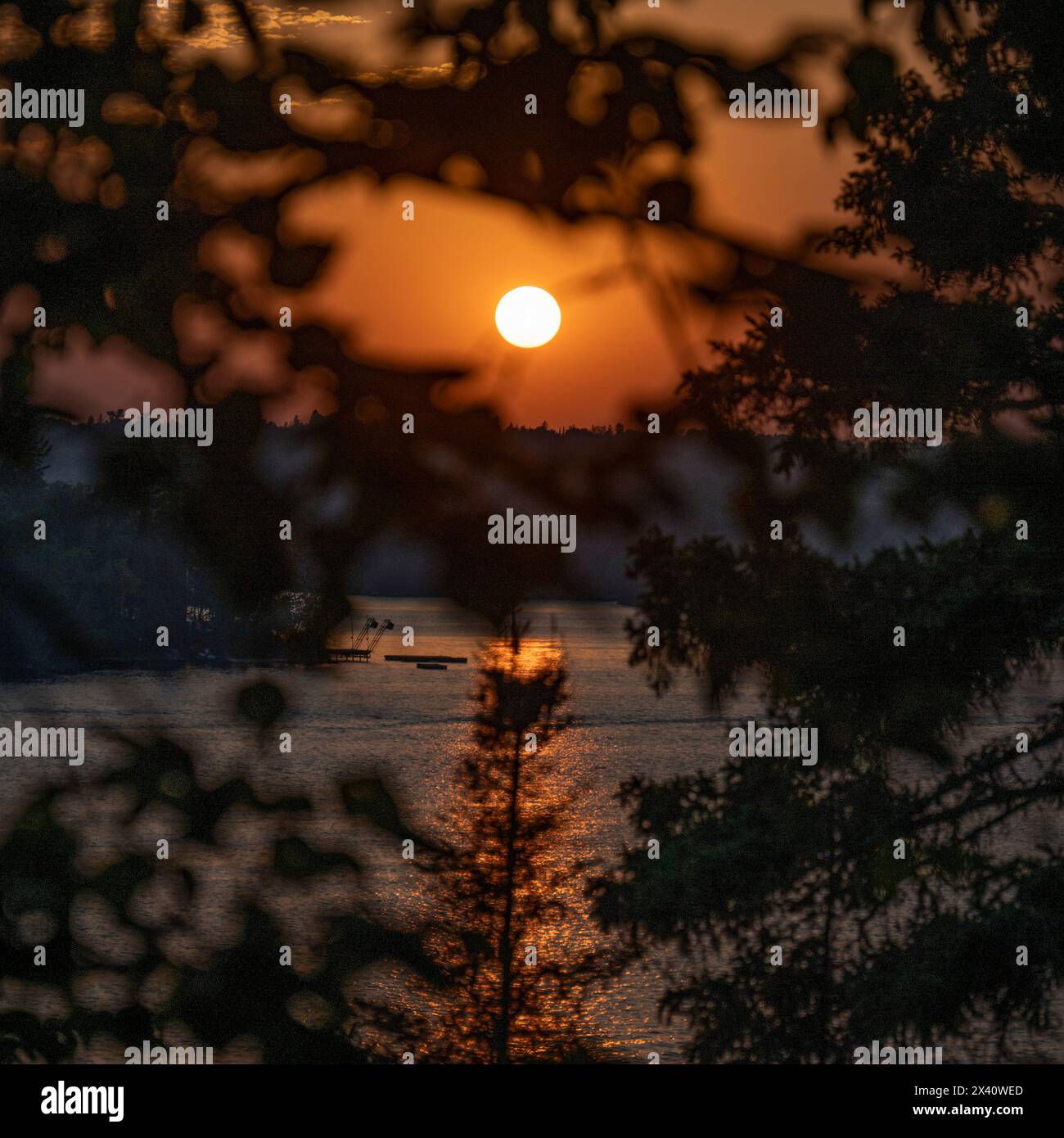 Soleil éclatant spectaculaire coulant sous l'horizon silhouette et reflété sur un lac tranquille, encadré par le feuillage des arbres Banque D'Images