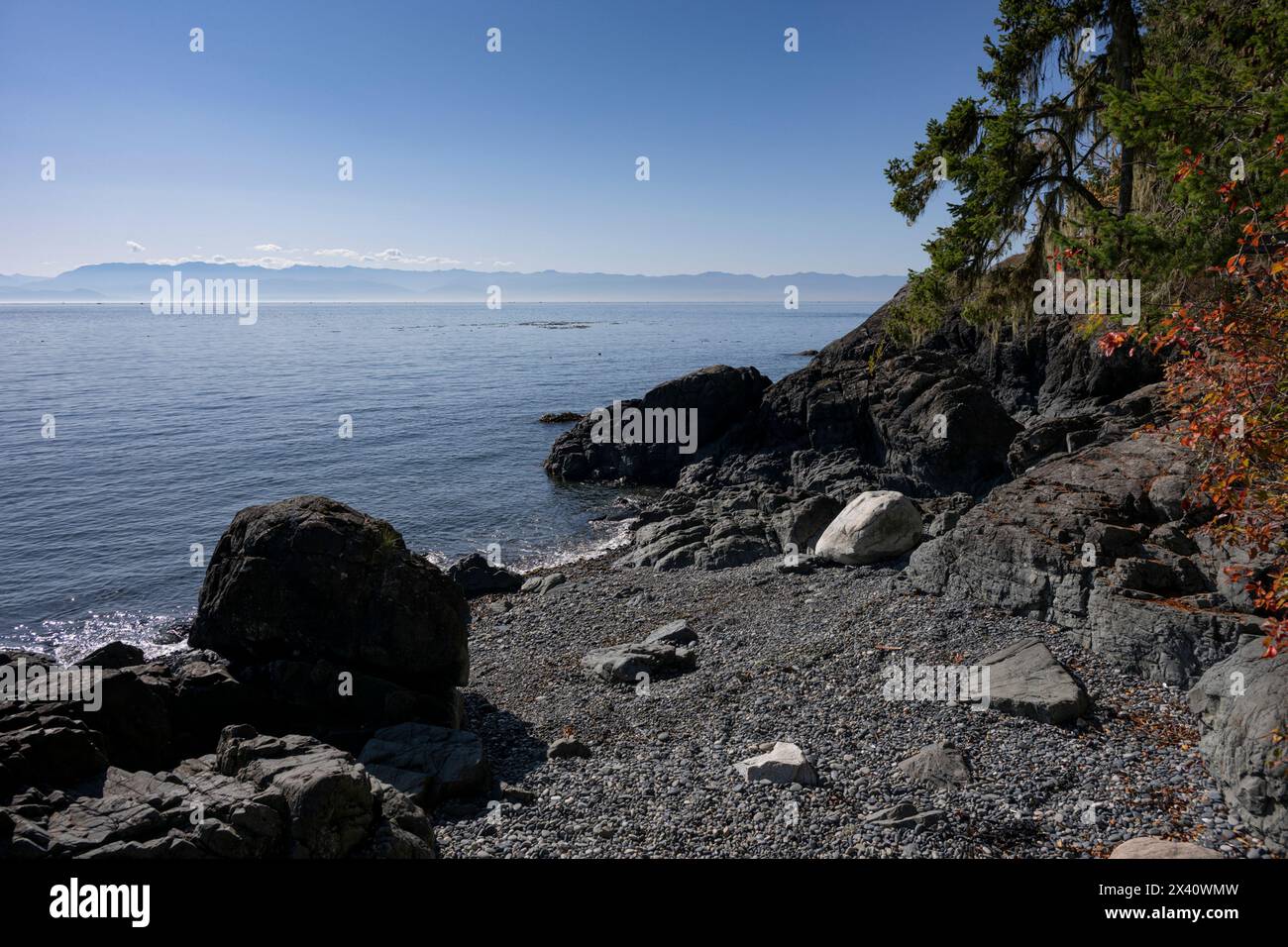 Beau paysage et vue sur la côte lointaine par une journée ensoleillée à Sooke Bay ; Île de Vancouver, Colombie-Britannique, Canada Banque D'Images