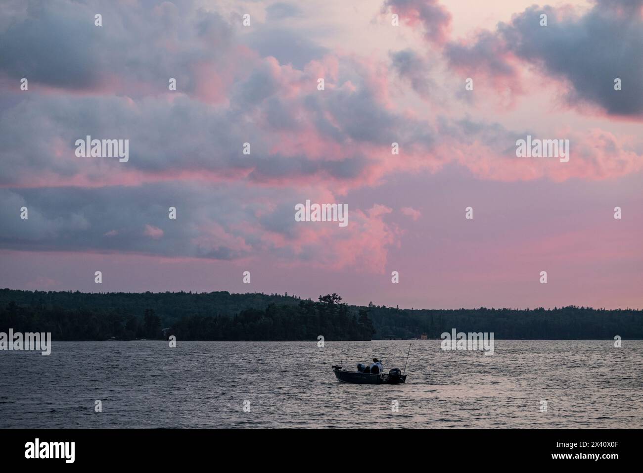 Flottant dans un bateau à moteur sur l'eau d'un lac sous un ciel de coucher de soleil rose ; Lac des bois, Ontario, Canada Banque D'Images