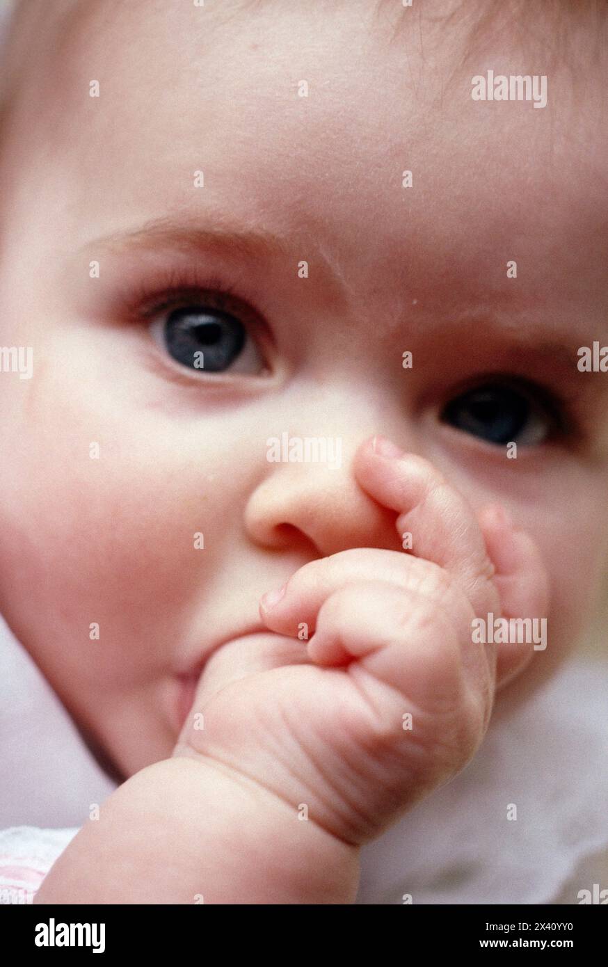 Vue rapprochée d'un bébé sucant son pouce ; Mystic, Connecticut, États-Unis d'Amérique Banque D'Images