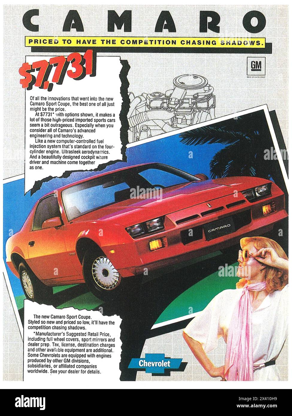 Publicité sur la Camaro 1982 de Chevrolet – prix de 7 731 $ pour que la concurrence poursuive des ombres Banque D'Images