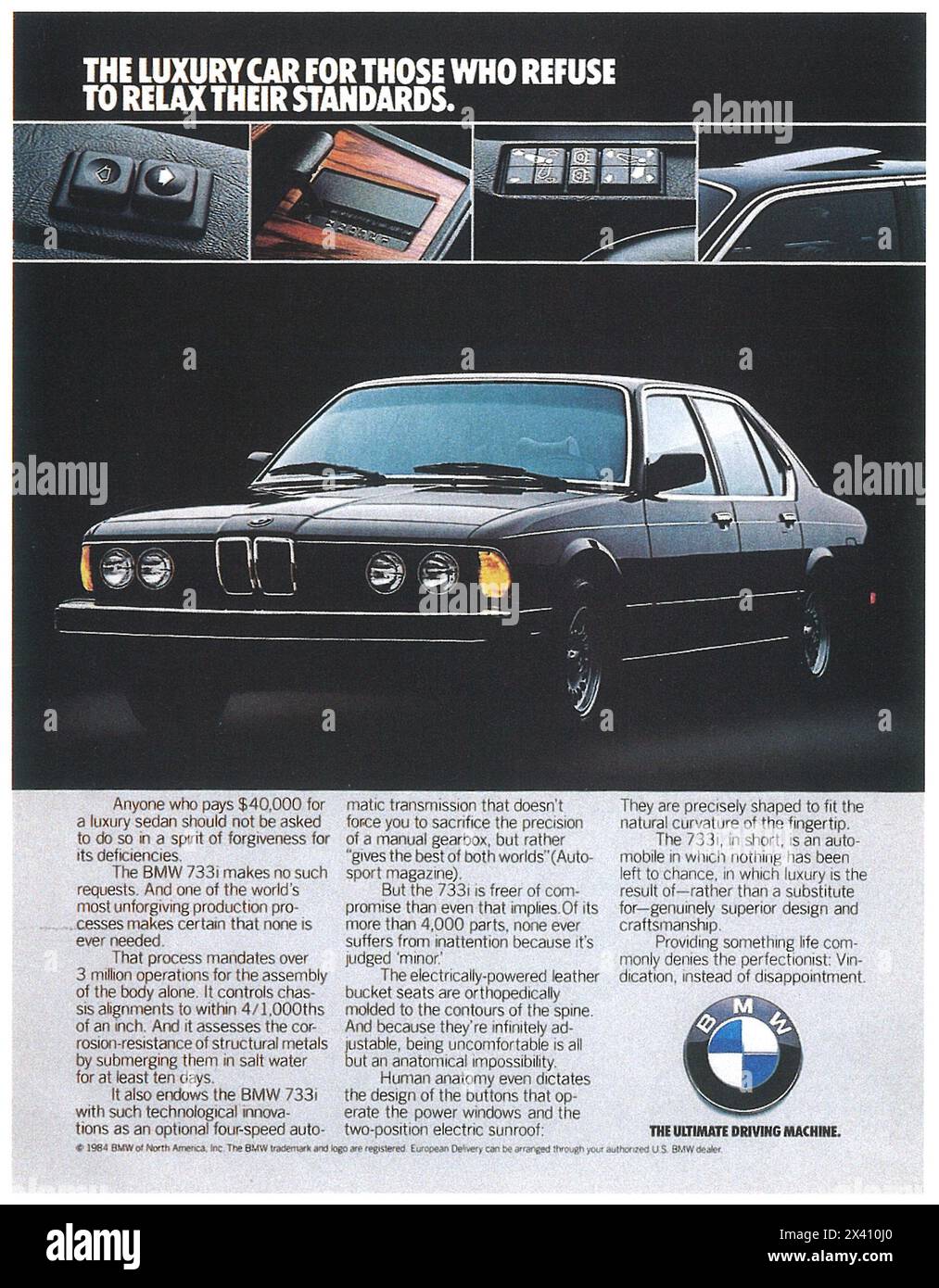 Publicité sur la berline de luxe BMW 733i 1984 - « pour ceux qui refusent d'assouplir leurs normes » Banque D'Images