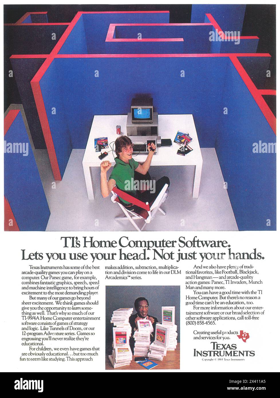 1983 Texas instruments 99/4A Computer ad - Bill Cosby - 'TI's home computer software. Utilisez votre tête' - jeu Parsec Banque D'Images