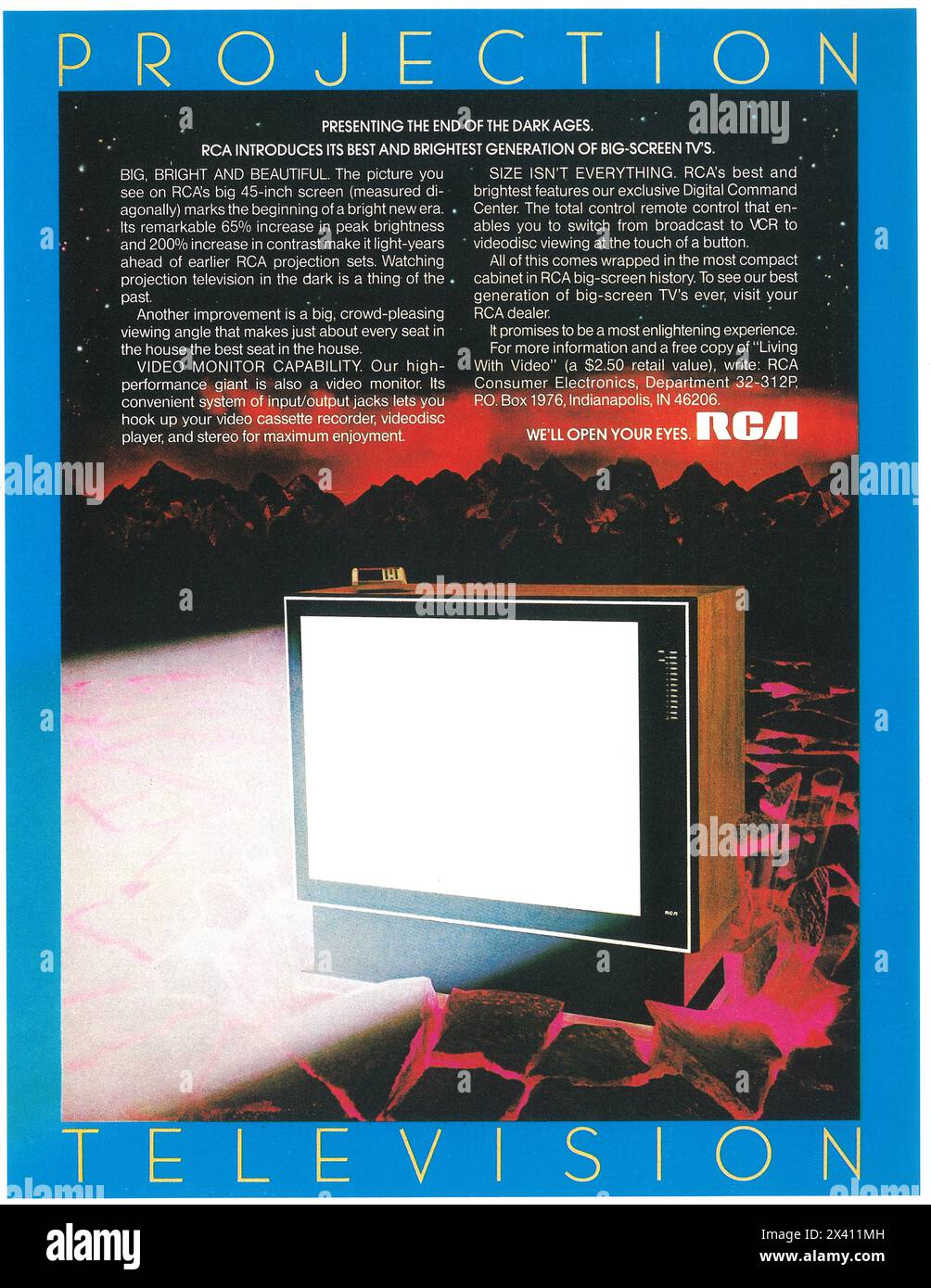 1983 RCA projection Television 45 pouces annonce - nous allons ouvrir vos yeux. Banque D'Images