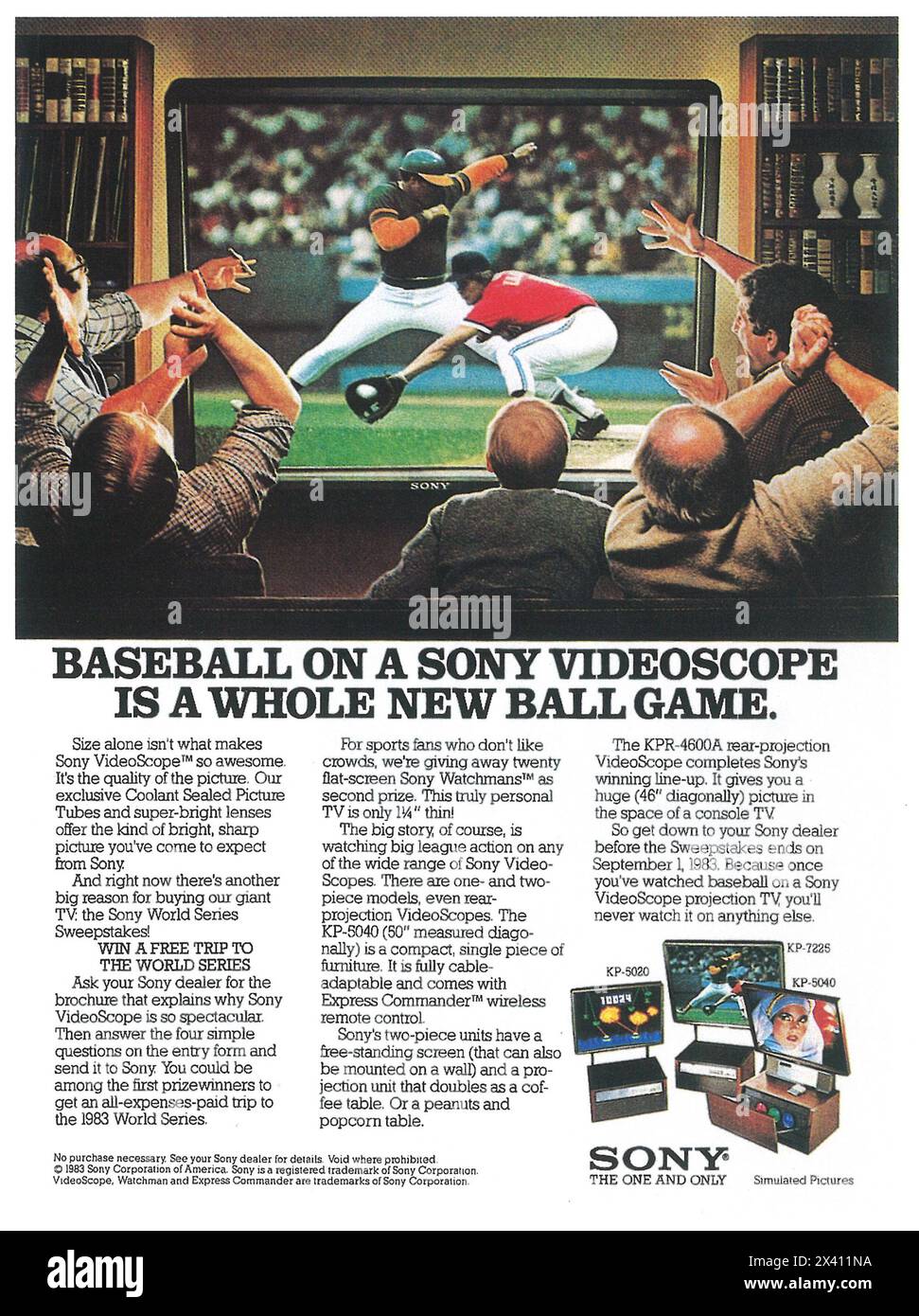 Publicité télévisée sur le vidéoscope Sony 1983 - « Baseball sur un vidéoscope Sony ». Banque D'Images