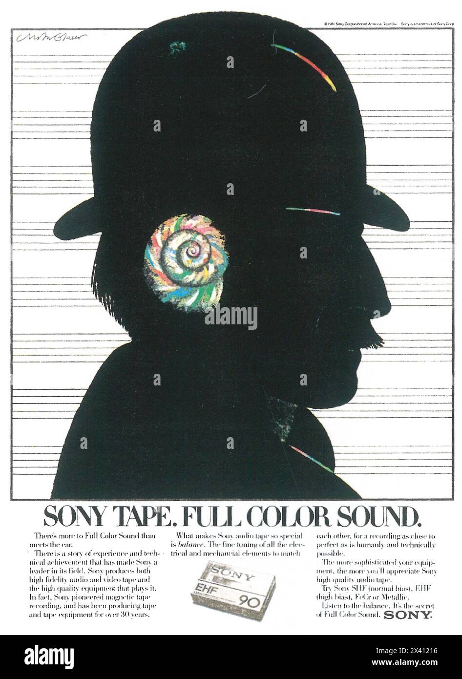 Bande publicitaire Sony 1980 avec poster Milton Glaser - Full Color Sound Banque D'Images