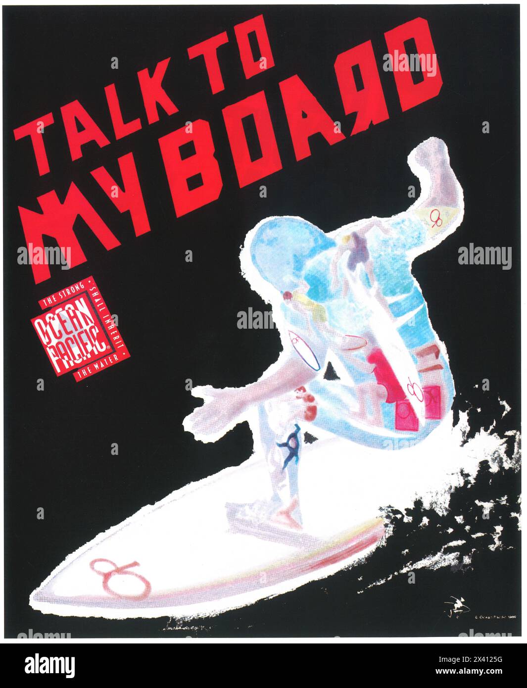 Annonce de planches de surf Ocean Pacific 1989 - parlez à ma planche Banque D'Images