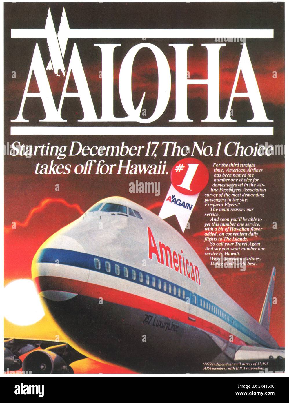 1981 AMERICAN AIRLINES AD - Boeing 747 Jet Aircraft Flying to Hawaii A ALOHA Banque D'Images