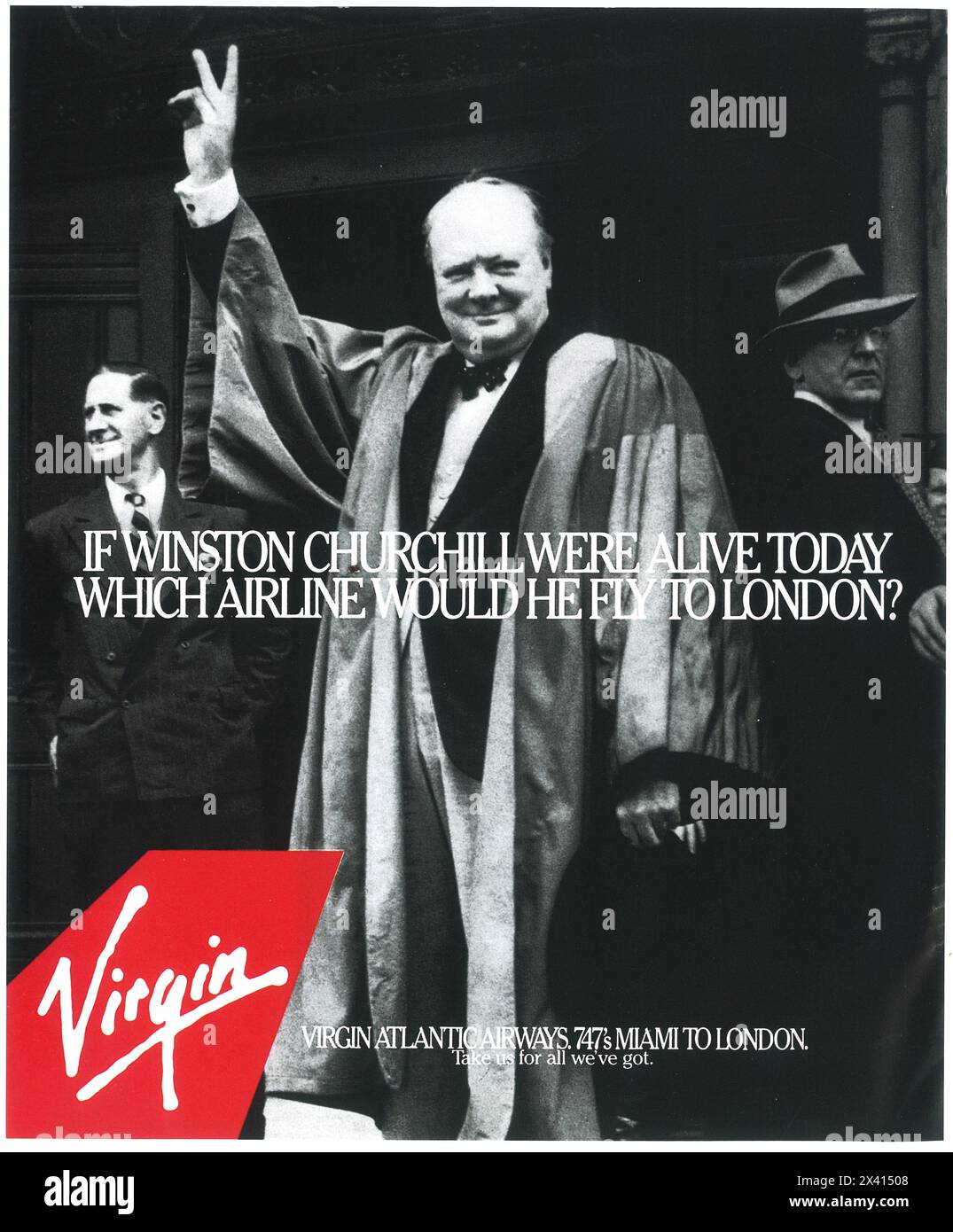 1986 Virgin Atlantic Airways annonce avec Winston Churchill - 747 Miami à Londres Banque D'Images