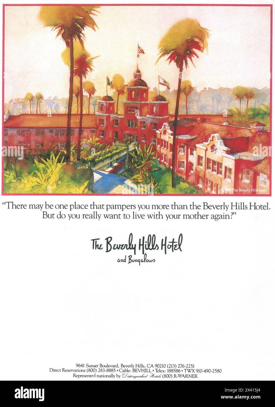 Années 1980 The Beverly Hills Hotel & Bungalows annonce «... voulez-vous vivre à nouveau avec votre mère? » Banque D'Images