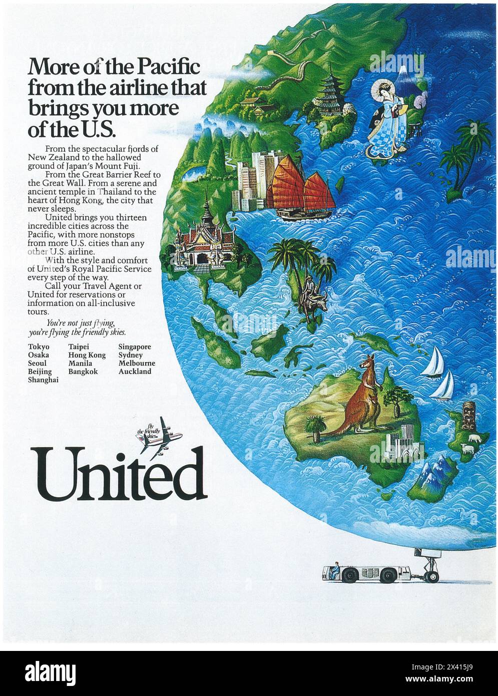 1986 United Airlines annonce 'More of the Pacific...' Banque D'Images