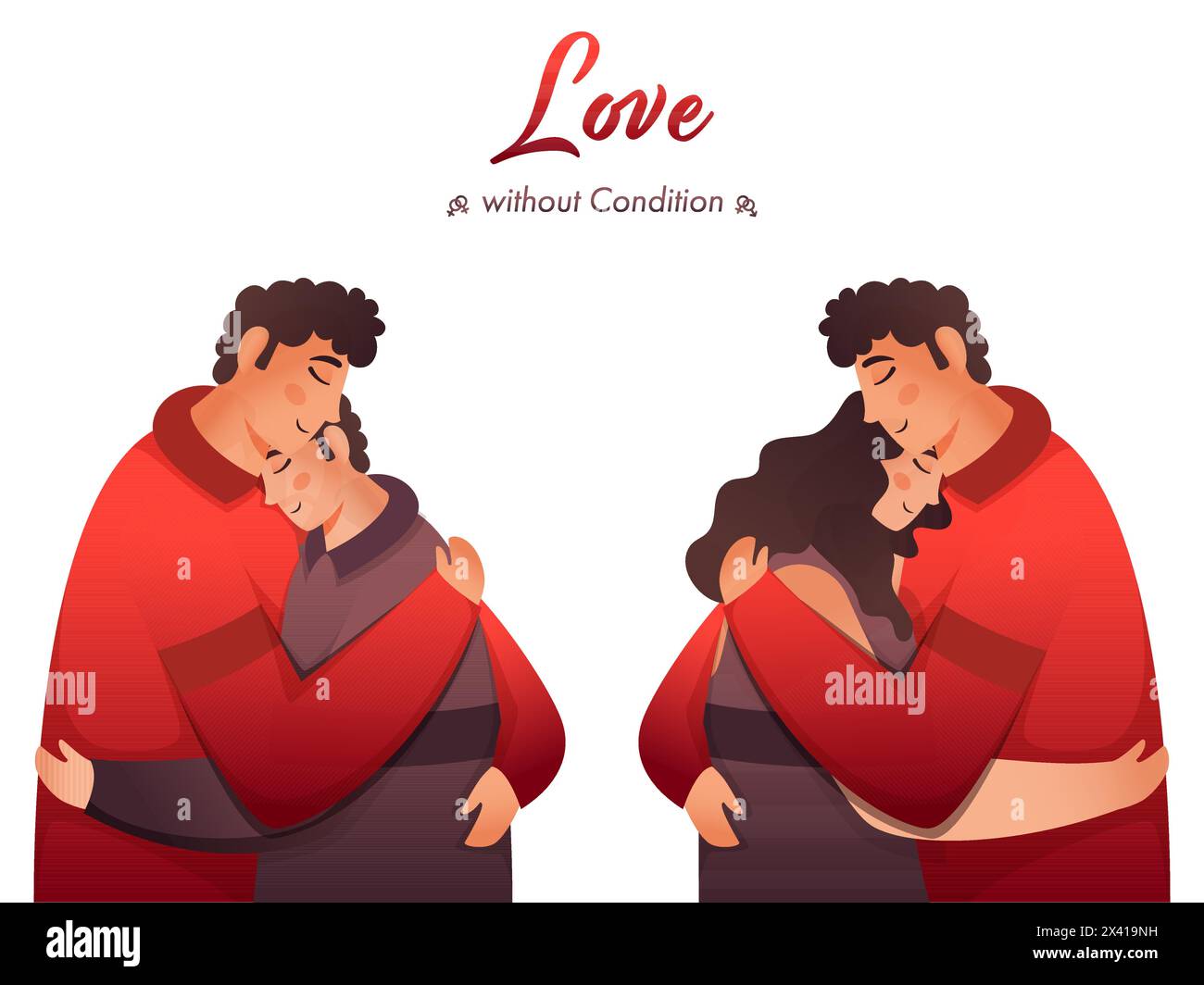 Deux types de couple embrassant sur fond blanc pour l'amour sans condition. Illustration de Vecteur