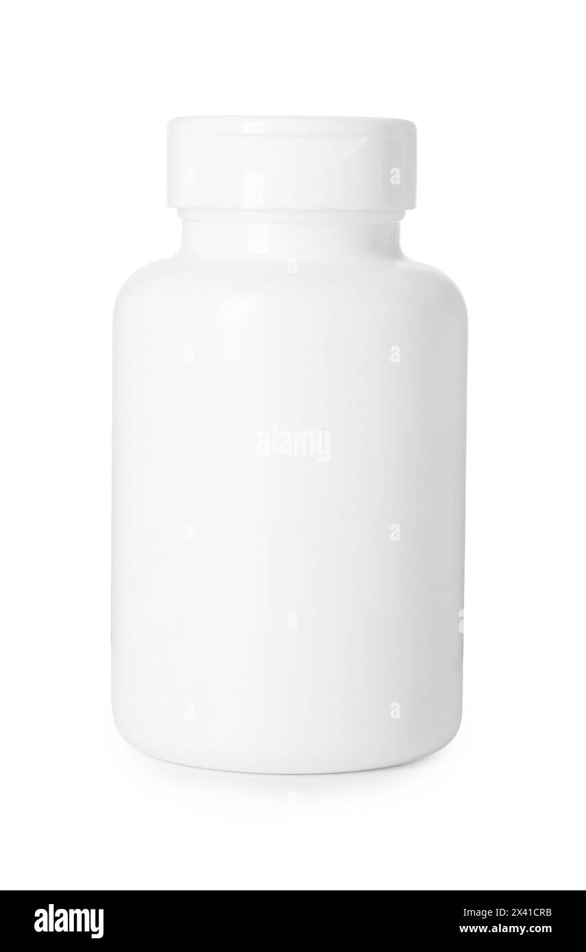 Flacon pour pilules de vitamines isolé sur blanc Banque D'Images