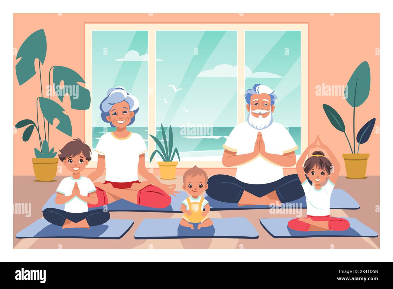 Grands-parents et petits-enfants faisant du yoga en position lotus à la maison. Concept de fitness yoga familial. Illustration de Vecteur