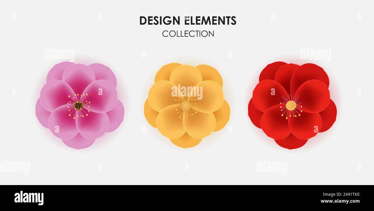 Ensemble réaliste 3d Golden, Red et Pink Sarura, Plum Flower Icon Collection. Illustration vectorielle Illustration de Vecteur