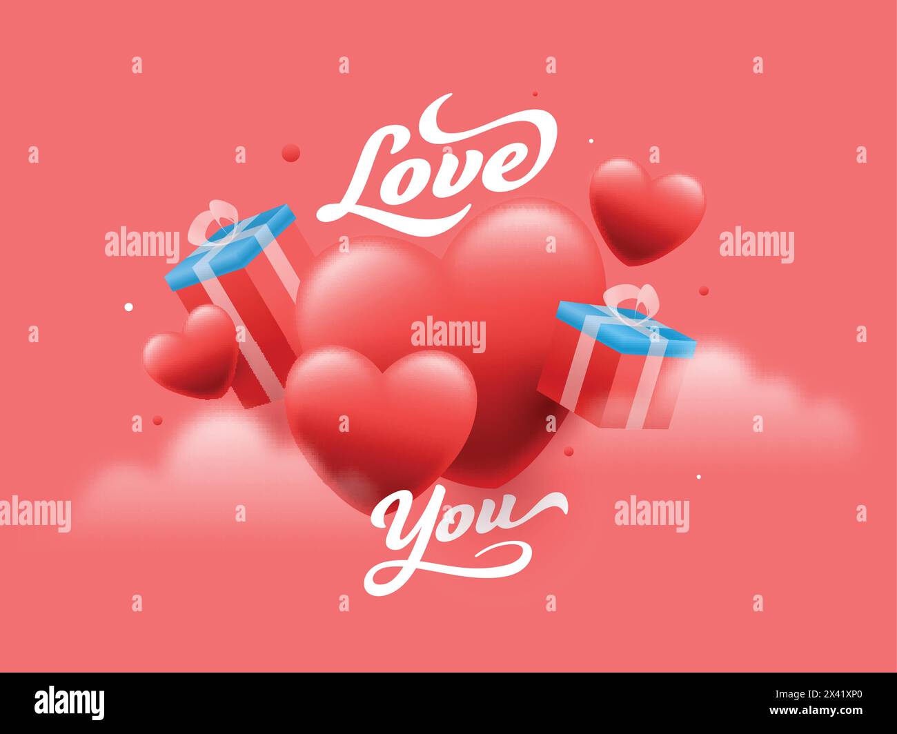 Love You font avec des boîtes cadeaux 3D et des cœurs brillants sur fond rouge. Illustration de Vecteur