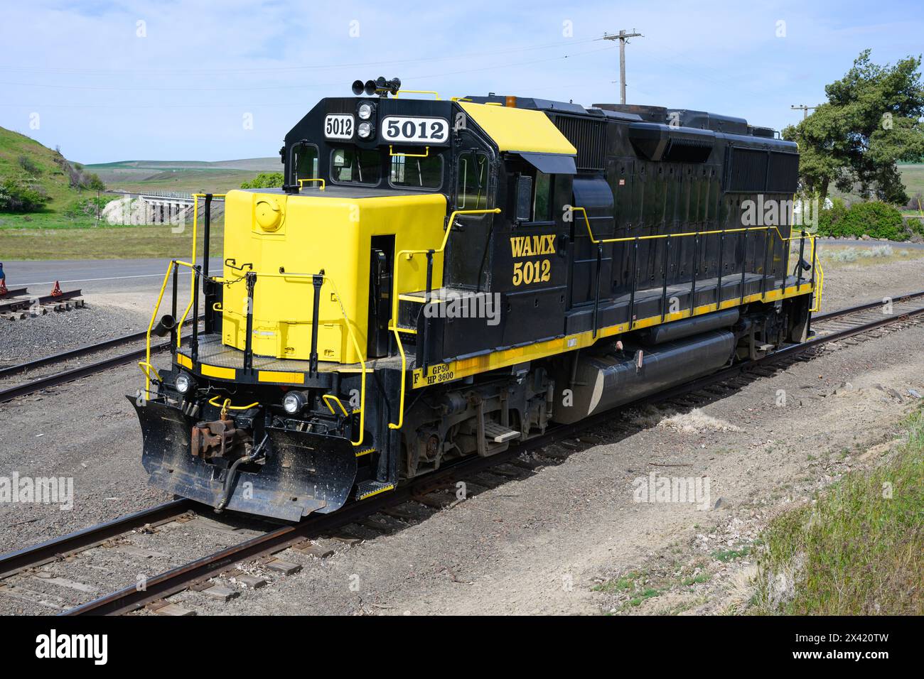Endicott, WA, États-Unis - 28 avril 2024 ; Palouse River and Coulee City Railroad Watco GP50 locomotive WAMX 5012 W. Banque D'Images