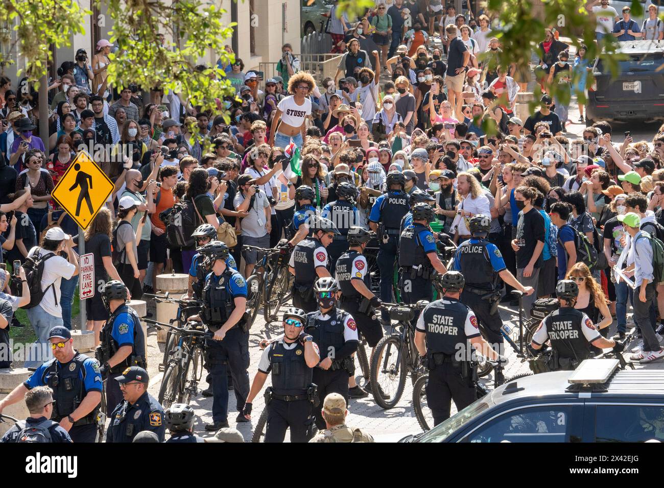 Austin, Texas, États-Unis, 29 avril 2024 : la police à vélo attaque des manifestants pro-palestiniens à l'Université du Texas à Austin. Le campus a été secoué par des manifestations pour une troisième journée consécutive lorsque des dizaines d'étudiants et de partisans ont tenté d'installer une ville de tentes près du bâtiment administratif principal. Les troupes de l'État du Texas, la police d'Austin et la police de l'UT ont procédé à des dizaines d'arrestations. Crédit : Bob Daemmrich/Alamy Live News Banque D'Images