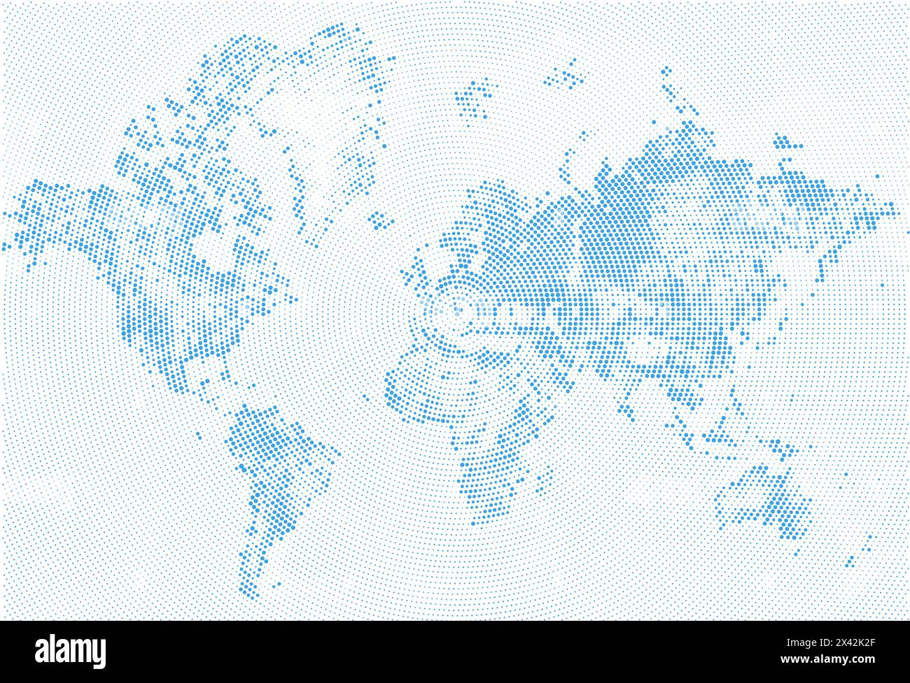 Carte pointillée abstraite Bleu et blanc effet grunge demi-ton Illustration. Silhouettes de carte du monde. Formes continentales de points. Circulaire radial monochrome Illustration de Vecteur