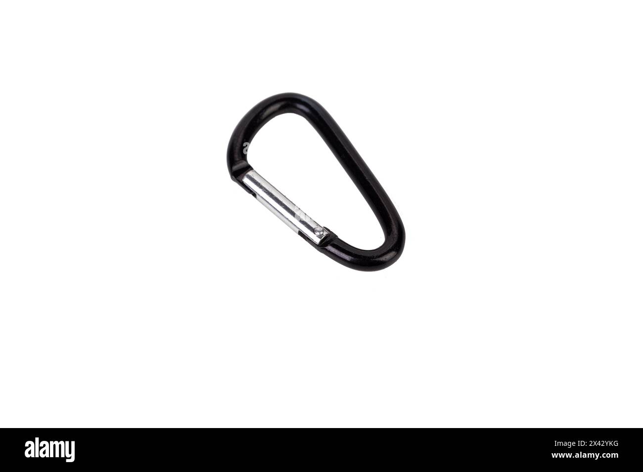 Mousqueton en aluminium, peint avec de la laque noire. Isolé sur fond blanc. Gros plan. Banque D'Images