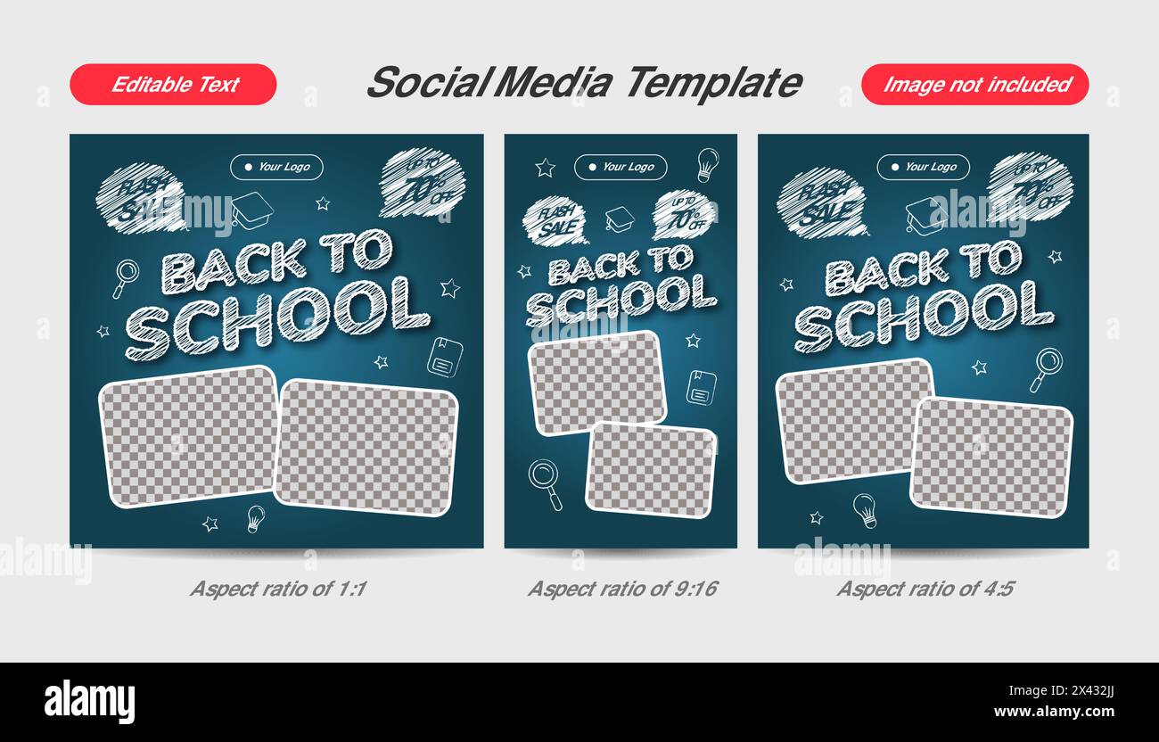 Retour à l'école flash vente modèle de médias sociaux avec tableau bleu illustration, couleur de crayon et papier. Effet de texte modifiable. Illustration de Vecteur
