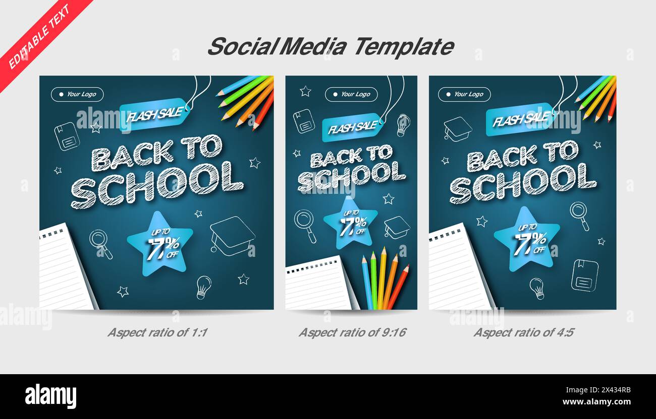 Retour à l'école flash vente modèle de médias sociaux avec tableau bleu illustration, couleur de crayon et papier. Effet de texte modifiable. Illustration de Vecteur