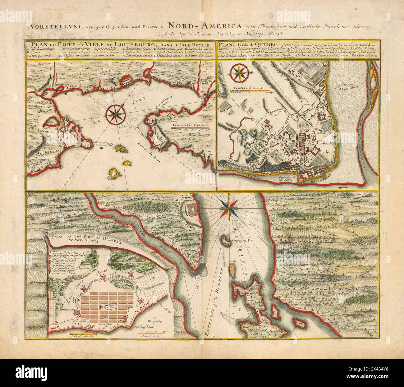 Plan de Louisbourg (Québec) et Halifax (Nouvelle-Écosse) en allemand et français cca 1756 Banque D'Images